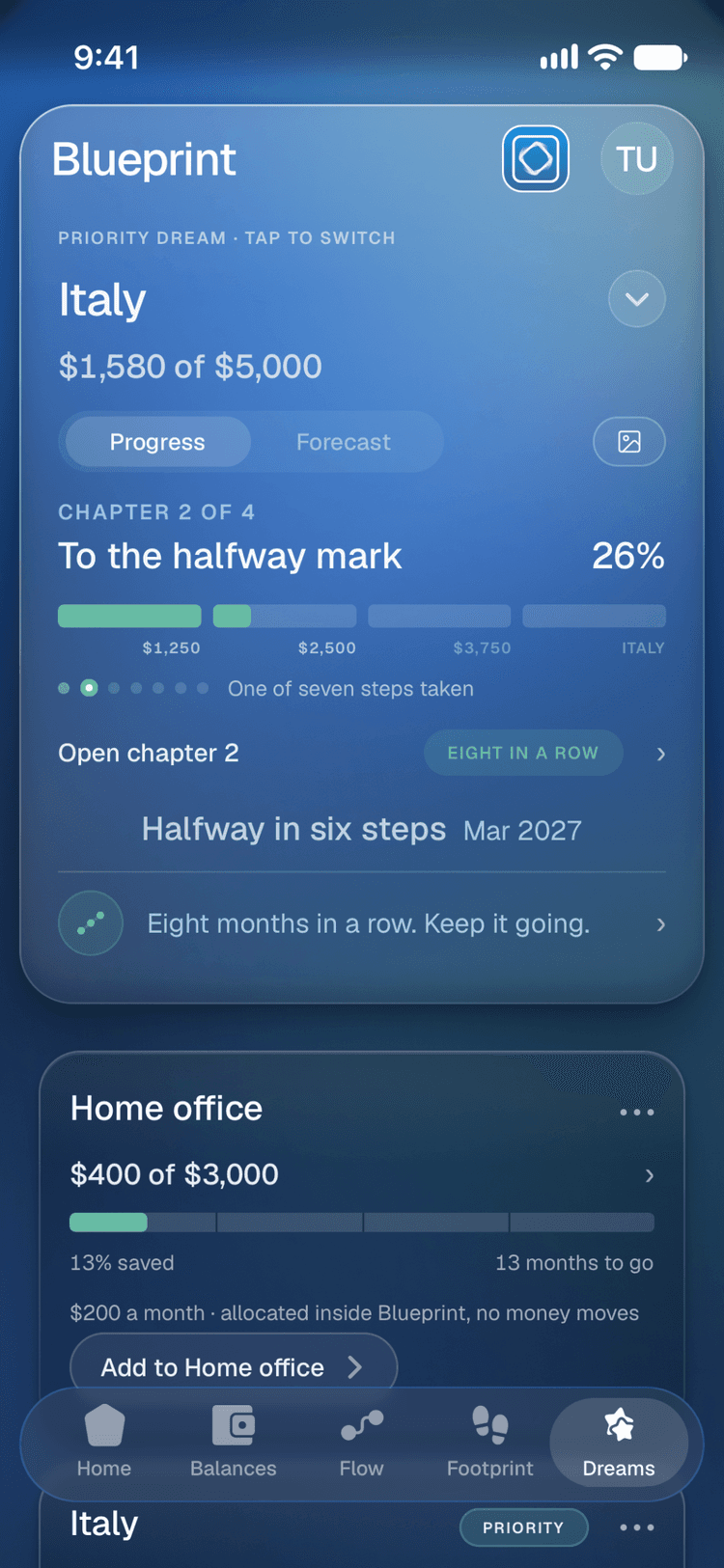 The Dreams screen: Italy, chapter 2 of 4, to the halfway mark, 26%.