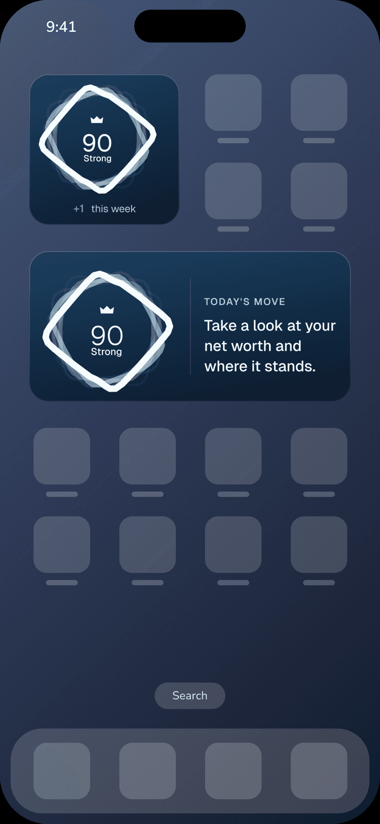 An iPhone Home Screen with a Flow Score widget and a Today's Move widget.